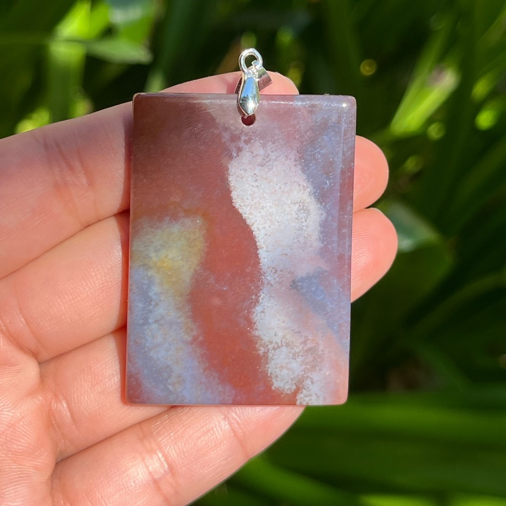 925 silver plated red moss agate rectangular scenery pendant 1416‎